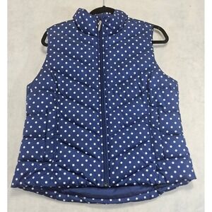 Lands End Down Puffer Vest Womens M P MP 10 Petite‎ Blue White Polka Dot Quilted